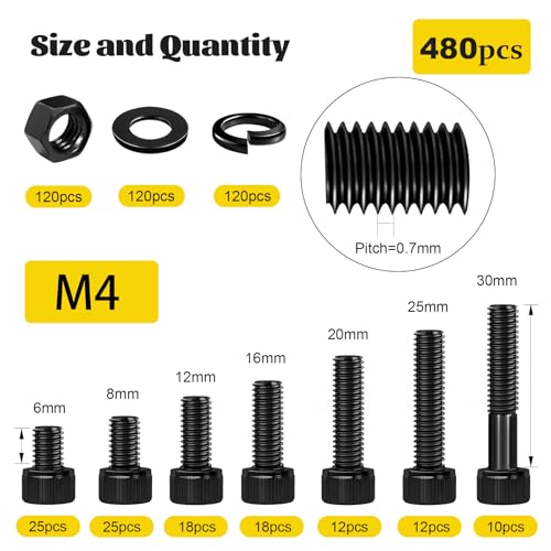 1220PCS M3 M4 M5 M6 Metric Hex Socket Head Screws Assortment Kit & 480PCS M4 Hex Socket Head Bolts Assortment Kit for DIY, 3D Printer