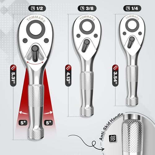 TOMMARS Stubby Ratchet Set 1/4" 3/8" 1/2" Drive Socket Wrench 1/4", 3/8", 1/2" Drive
