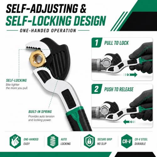 4PC Adjusting Wrench Set with Case, 6 8 10 12 Inch Multi-function Universal Magic Wrench, CR-V Steel for 0.47-1.18 Inch (7-43MM),Self locking Wrench,Pipe Wrench Set, Fittings and Nuts Green Extra Large