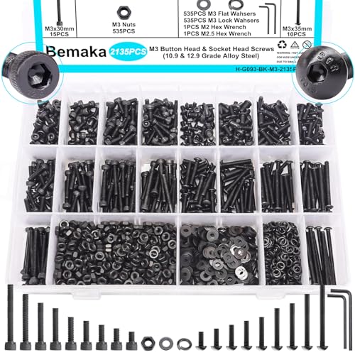 2135PCS Black M3 Metric Screw Assortment Kit + 1287Pcs Nuts and Bolts Assortment Kit, Machine Screws Hardware Assortment Kit, Metric & SAE Phillips Pan Head Stainless Steel Bolts