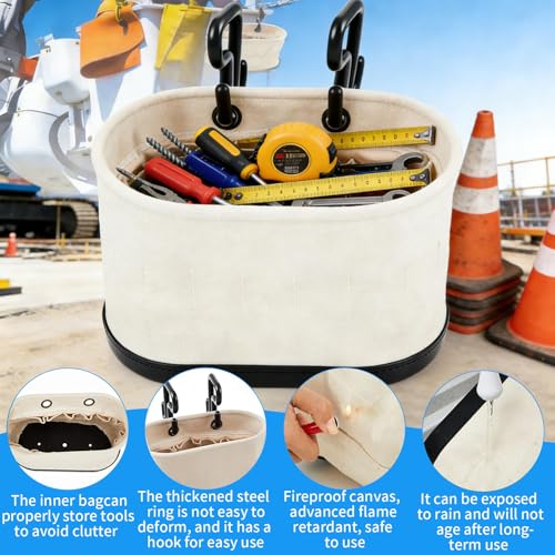 Canvas Bucket Bag, Aerial Oval Tool Bucket With Hooks & 15 Pockets, Oval Hard-Body Bucket Tool Organizer, Black Molded Polypropylene Bottom, for Industrial Maintenance Construction Sites (White)
