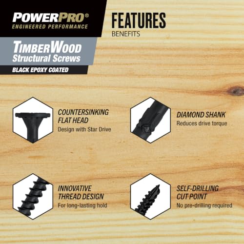 Power Pro TimberWood Structural Screws, 5/16in x 5in, 36 Pieces, Black 5/16 inch x 5 inch 36pc