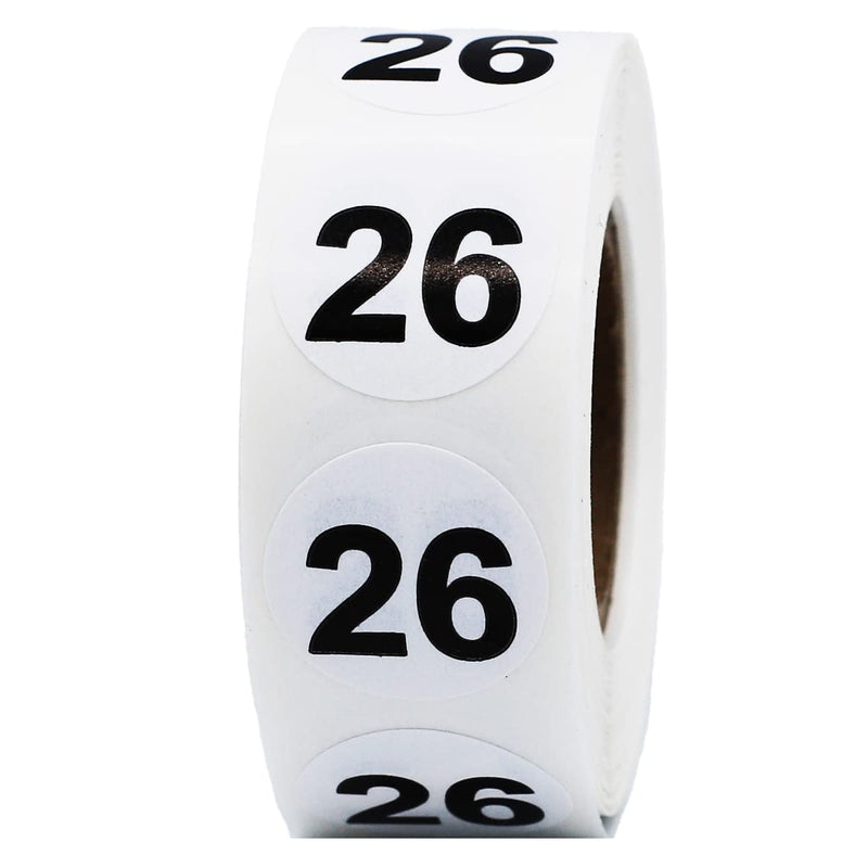 White with Black Number 26 Circle Dot Stickers, 3/4 Inch Round, 500 Labels on a Roll #26