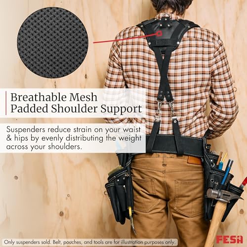 FESA Leather Tool Belt Suspenders for Men with Breathable Mesh Padding, Front Pockets & 4 Loops for Attachment to Work Belts Black
