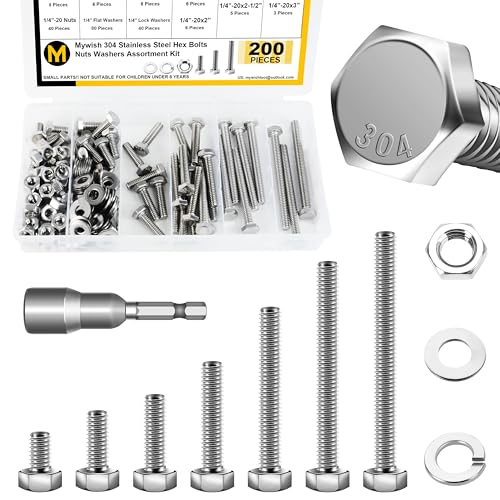 Mywish 90Pcs 3/8 Hex Head Nuts and Bolts Assortment Kit & 200PCS 1/4-20 Bolt Nuts and Bolts Assortment Kit, 304 Stainless Steel Assorted Nuts and Bolts Kit with Hex Nuts and Washers
