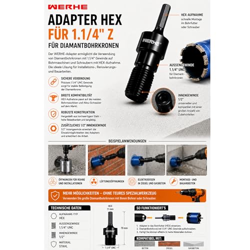 WERHE Adapter for Diamond Core Bit, HEX to 1 1/4 UNC, Hardened Steel | 1/2" BSPP Female Thread 10mm Hex Shank Overall Length 115mm Fits Bosch Makita DeWalt Drill Chuck