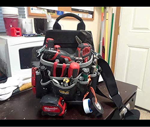 Melo Tough Professional Electrician Tool Pouch Shoulder Tool Carrier with Multiple Pockets + Tool Web Work Belt Buckle 2" inch Wide Belt Black Simple Style