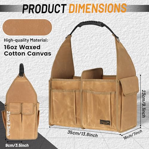 Tool Bag, 13.8-inch Heavy Duty Wide Mouth Water-Resistant Waxed Canvas Garden Bag with Reinforced Bottom for Tools, Wrenches, Screwdrivers | Khaki