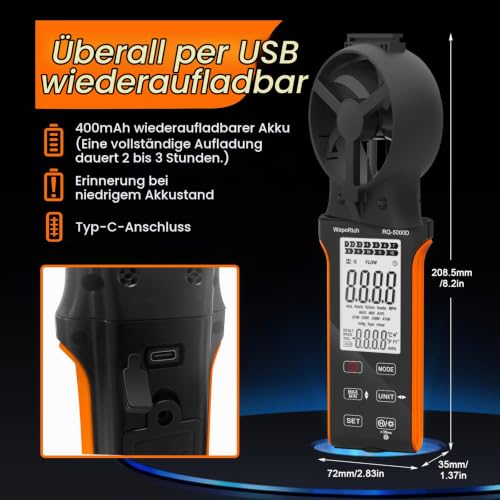Wind Meter CFM Meter, WapoRich Anemometer Handheld Wind Speed Meter Digital Wind Meter Rechargeable Measures Air Volume/Wind Speed/Temp with MAX/MIN for HVAC Drone RQ-5000D