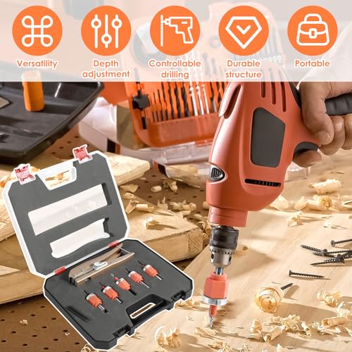 5Pcs Limit Countersink Drill Bit Set with Hole Punch, Deep Adjustable Countersunk Drill Bit Kit, Round Shank Wood Countersink Drill Bit, Edge Banding Punching Tool for Wood PVC (Drill Bit+Plier) Drill Bit+plier