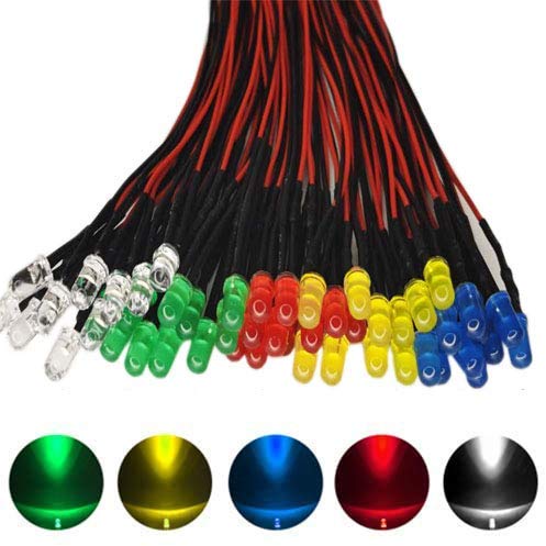 RUNCCI-YUN 50 x 5 mm LEDs, 12 V pre-wired light, pre-wired LED, diode light, 20 cm pre-wired light, red, yellow, green, blue-white, 50 x 5 mm LED mounting rings, 9 V battery connection
