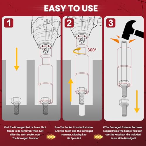 2-in-1 Lug Nut Removal Tool & Impact Socket Set, with 1/2" Drive, Easy Out Broken Bolt Extractor Kit, Ez Out Stripped Wheel Lock for Removing Rounded, Rusted Bolts, Nuts & Screw 7-Pieces(Red) 7pcs