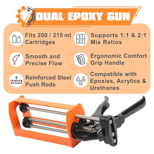 Epoxy Gun Dual Cartridge 200 ml / 215 ml (1:1 & 2:1), Manual 2 Part Epoxy Gun for Panel Bonding Adhesive, Fillers, Structural Epoxy, Plastic & Fiberglass Repair 200ML/215ML(1:1&2:1)
