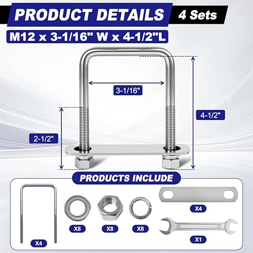 4 Sets M12 Square U Bolts 3 Inch Wide, 1/2" x 3-1/16" W x 4-1/2"L M12 x 3-1/16"W x 4-1/2"L