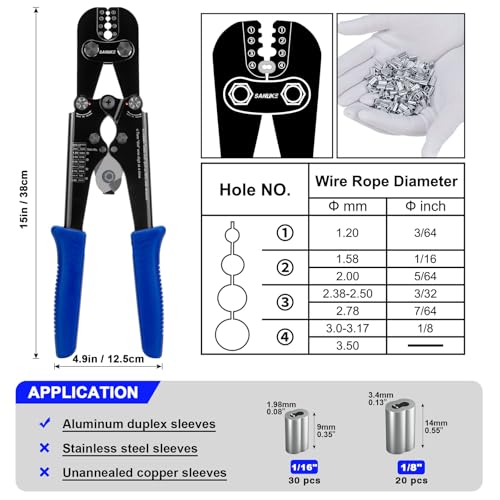 Sanuke Wire Rope Crimping Tool, 3/64" to 1/8" Wire Rope Crimper and Cutter Crimping Kit - 1608S Professional