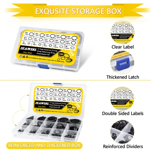 Snap Ring Shop Assortment, 650pcs Alloy Steel & 304 Stainless Steel Internal/External Retaining Rings, C-Clips for Axles, Shafts & Other Moving Parts
