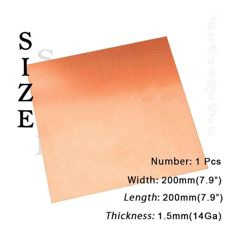 14 Gauge 99.9% Pure Copper Sheet, 1 Pcs (0.06" x 7.9" x 7.9") Copper Plates Brass Plates for Jewelry, Crafts, Repairs, Electrical 14Ga 8" × 8", 1 Pcs