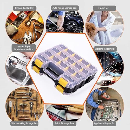 AIDY-PRO Tools Box Organizer Double Side 34 Compartments Hardware Organizers with Removable Plastic Dividers for Screws Nuts Nails Yellow 2 PACK