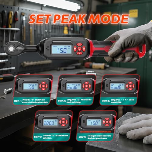 1/4" Digital Torque Wrench, 0.6-12 N.m / 0.4-9 Ft.lb, ±2% Accuracy 1/4" 0.4-9 Ft.lb (0.6-12 N.m) Red