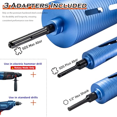2" Dry Core Drill Bit for Brick and Block with 3 Adapters Included: SDS Plus, SDS Max and 1/2" Hex Shank, 9.5" Drilling Depth Core Bits for Concrete, Brick, Masonry, 5/8"-11 Thread 2 Inch