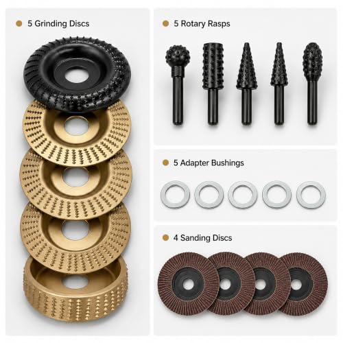 5Pcs Wood Carving Disc Set for 4-4.5 Inch Angle Grinder, Carbon Steel Wood Grinding Wheel with Stump Grinder Disc & Polishing Sandpaper for DIY Woodworking