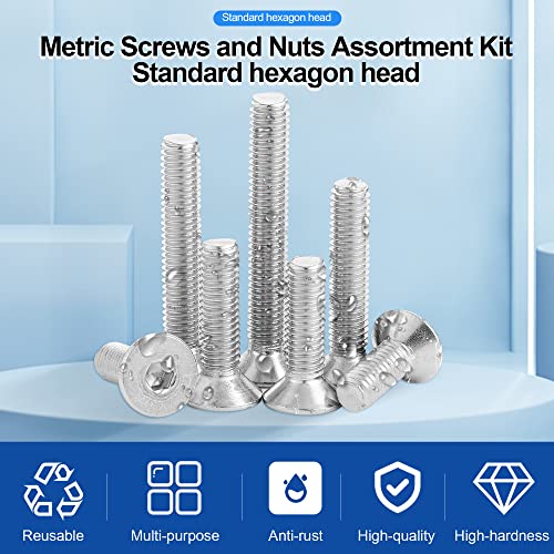 NINDEJIN M2 M3 M4 M5 Stainless Steel Hex Socket Cap Screw Metric Screws Bolts & Nuts & Washers Assortment Kit with Allen Key (Button Head+Flat Head)