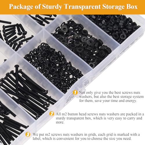 705 Pieces M2 Screws Nuts Washers Set Black, Sutemribor M2 x 4/6/8/10/12/16/20mm Button Head Socket Cap Screws Nuts Washers Assortment Kit, 10.9 Grade Alloy Steel, Fully Threaded M2 x 4/6/8/10/12/16/20mm Kit