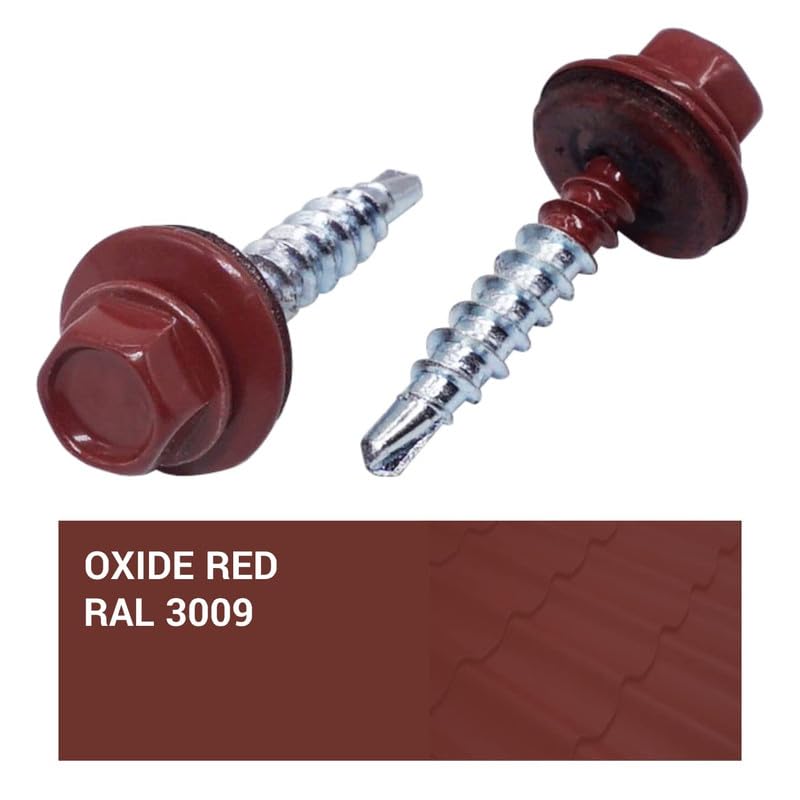 (Pack of 250 pcs) Metal Roofing Screws, 3/16 x 1-3/8 (4.8 x 35 mm) Painted Self-Drilling Screws with EPDM Washers, Sheet Metal Hex Screw, Oxide Red RAL 3009 3/16 x 1-3/8 (4.8 x 35 mm)