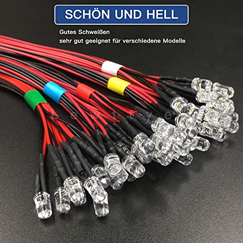 Pack of 50 Pre-Wired Mini LED Light Emitting Diodes 5mm DC 12V Set, LED Diode Model Making Lighting Multicolored White, Red, Blue, Green, Yellow Lewttyer