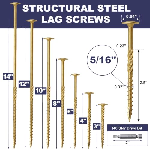 Lag Screws, 5/16" x 4" Structural Screws, 50PCS Construction Lag Screws, Rust Resistant, T40 Star Drive Bit Suitable for Outdoor Wooden Structures, Decks, Fences, Frames 5/16" x 4" 50