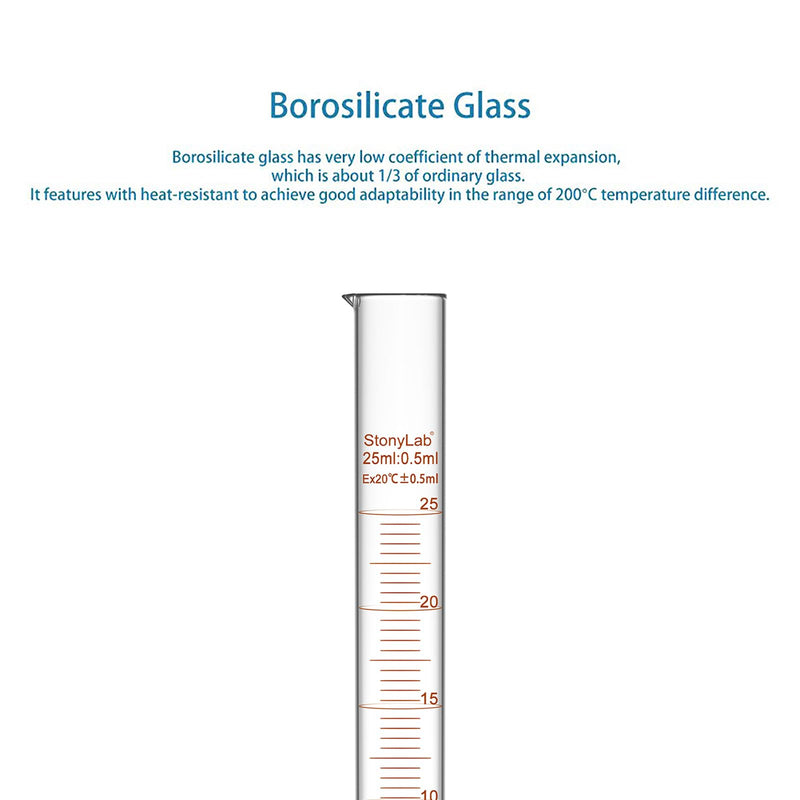 StonyLab 4-Pack Borosilicate Glass 25ml Heavy Wall Graduated Cylinder Measuring Cylinder, 10ml 25 ml