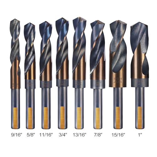 Reduced Shank Drill Bits Set, 8 Pcs Silver and Deming Large Drill Bit Set with Aluminum Index Case, M2 Black and Gold Finish HSS, 135-Degree Split Point for Smooth Drilling, 9/16” - 1” 8PCS