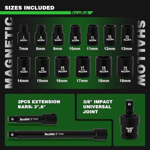 TecoTek 16-Piece 3/8" Drive Shallow Magnetic Impact Socket Set, Metric, 7mm-19mm, 6 Point, CR-MO, Magnetic Socket with Universal Joint & Extension 3/8" Drive Metric