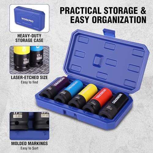 WORKPRO 1/2" Lug Nut Socket Set, Cr-Mo Steel 15 17 19 21 22 MM Socket Set
