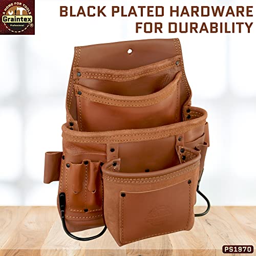 Graintex PS1970 :: 10 Pocket Nail & Tool Pouch Tan Color Industrial Grade Leather; for Constructors, Handyman, Plumbers, Electrician