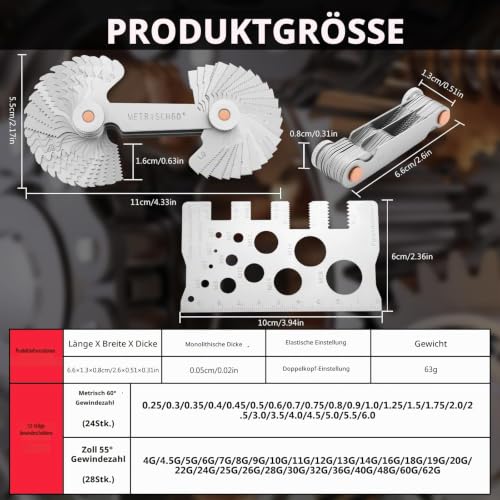 52 Sheets Thread Gauge, Double Heads Thread Template 24 Sheets Metric 60° 0.25-6.0 mm and 28 Sheets Inch 55° 4G-62G with Thread Indicator Screw Measurement, Thread Measuring Tools for Thread Size