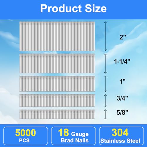 18 Gauge 304SS Brad Nails, 5/8",3/4",1",1-1/4",2 Inch, 5000-Pack Assembly 5000