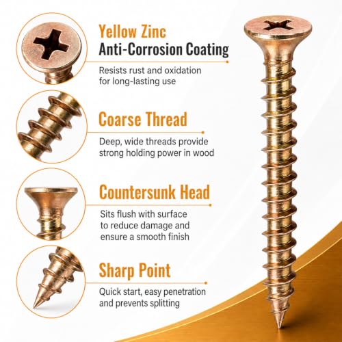 2000 Pcs #6 × 1-5/8 Inch Coarse High Hardness Drywall Screws, Yellow Zinc Plated Bugle Head Screws for Drywall and Wood
