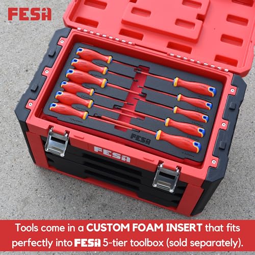 FESA Electrician Insulated Screwdriver Set - 1000V 11-Piece Professional Electrician Screwdriver Set with Magnetic S2 Steel Tips - Pozidriv, Phillips, Flathead or Slotted & Torx - Insulated Tools