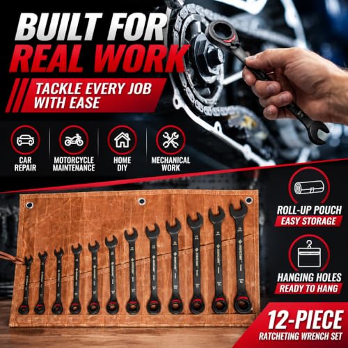 ironcube Reversible Ratcheting Wrench Set: 12-Piece Metric 8-19mm - Tough Black - Wax Canvas Storage Bag - Automotive and Motorcycle Repair Tools 12-Piece Metric Reversible