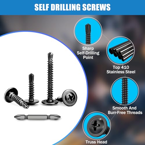 450PCS Self Tapping Screws for Metal,410 Stainless Steel Truss Head High-Strength Quick Tapping with Phillips, Lengths 1/2“ to 1-1/4",#8#10 Black Truss Head Sheet Metal Self Drilling Screws Black-451PCS