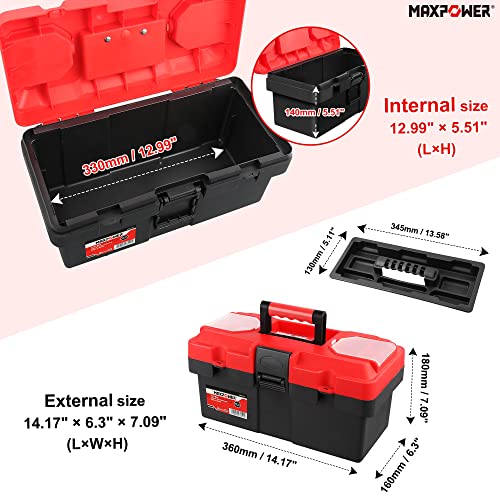 MAXPOWER Small Tool Box, 14-inch Plastic Tool Boxes with Handle 14” 14" red