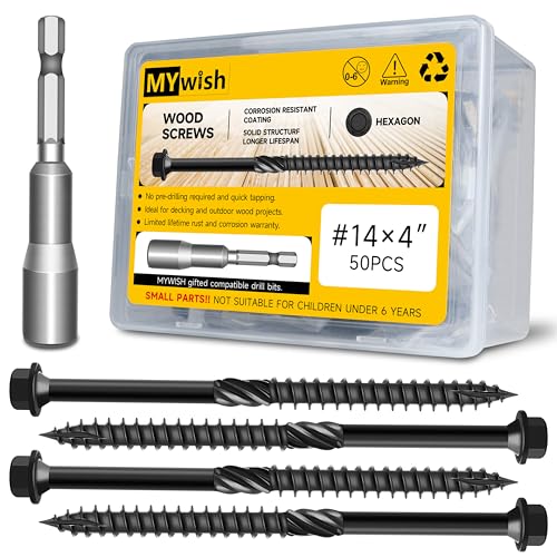Mywish (15Sets) 3/8" x 1" Hex Head Lag Bolts & 50Pcs 4 Inch Wood Screws, #14 x 4 Heavy Duty Outdoor Wood Screws Assortment Kit Deck Screws, Black Timber Screws Lag Bolts, Lag Screws Wood Screws