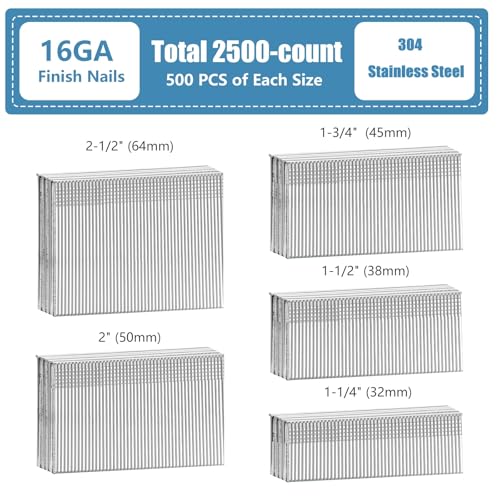 304 Stainless Steel Straight 16 Gauge Finish Nails 5 Sizes 2500 PCS 5 SIZES- 2500 pcs