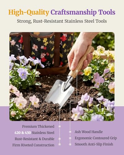 10Pcs Garden Tool Set, Rust-Proof Stainless Steel, Ash Wood Handles Brown