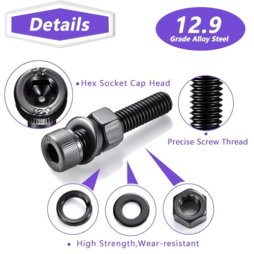 1760pcs M2 M3 M4 M5 Metric Screw Assortment, Grade 12.9 Alloy Steel Hex Socket Head Cap Bolts and Nuts Kit, Black Zinc Plated and Anti Rust Screw Set with 4 pcs Hex Wrenches Black-Hex Socket Head Cap 1760 Pcs