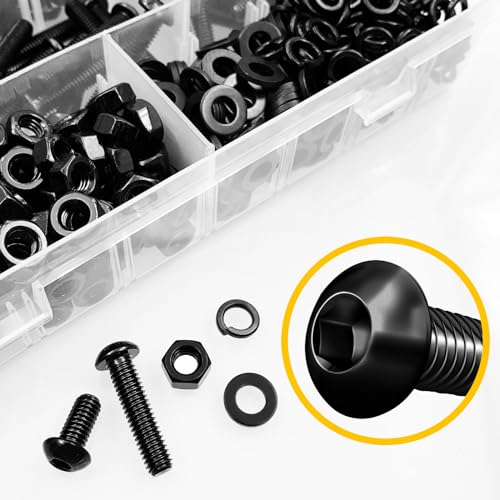 Mywish 640Pcs M6 Screw Black Bolts and Nuts Kit, 10.9 Grade Alloy Steel Nuts and Bolts, M6 Socket Head Cap Screw Metric Bolts Assortment, Machine Screws, Fully Threaded Hex Wrenches