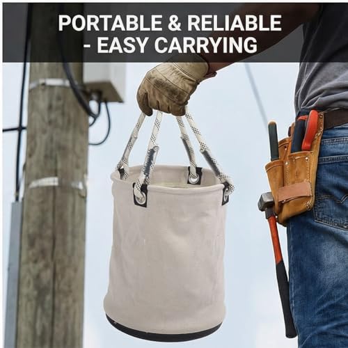 KIMISS Canvas Tool Bucket with Plastic Bottom, for Maintenance Work, 40x30cm Organizer Holds 30KG, Nails Bolts Storage, Portable Mini Tool Bag White