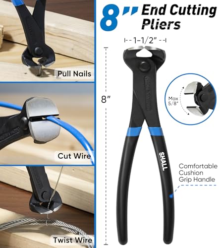 SHALL 4-Piece Pry Bar Set, 12-Inch Cats Paw Nail Puller, 10-Inch & 7.5-Inch Flat Claw Pry Bars, 8-Inch End Cutting Pliers, Utility Wonder Crowbar, Nail Remover Tool for Baseboard, Floor, Nails Removal