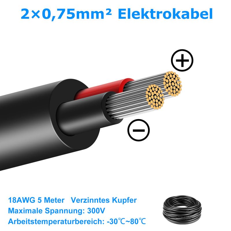 5 Metres 18 AWG, 2 x 0.75 mm² Electric Wire, 2 Core Cable, 5V/12V/24V Power Cable, Tinned Copper Cable, Flexible and Soft, Low Impedance, High Temperature Resistance, Extension Cable 5 metres 18AWG-2C (2 x 0.75 mm²)